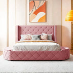 Letto a piattaforma Queen in velluto Rosa / Grigio / Beige / Blu con testiera imbottita e contenitore, 2 posti letto