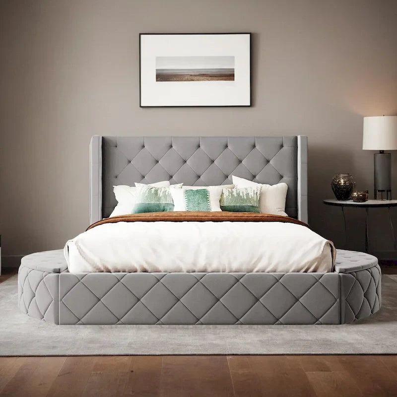 Letto a piattaforma Queen in velluto Rosa / Grigio / Beige / Blu con testiera imbottita e contenitore, 2 posti letto