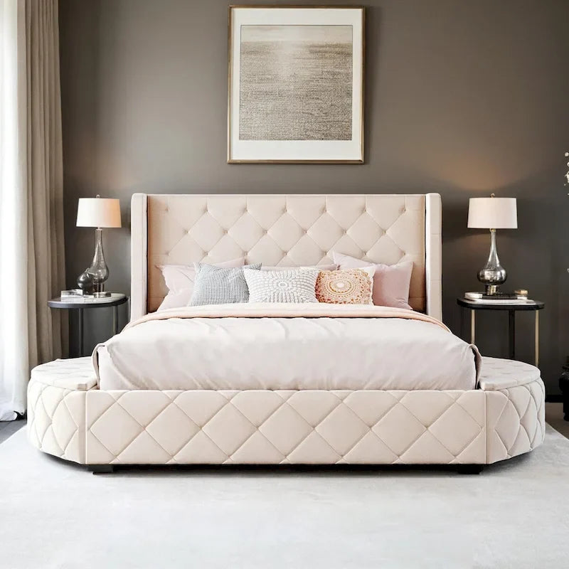 Letto a piattaforma Queen in velluto Rosa / Grigio / Beige / Blu con testiera imbottita e contenitore, 2 posti letto