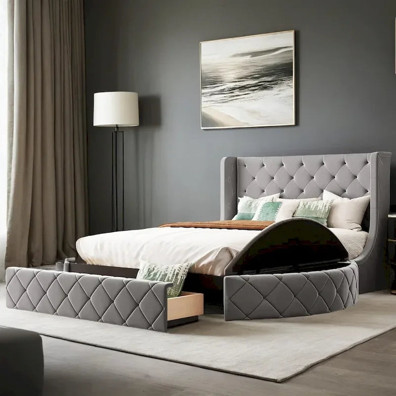 Letto a piattaforma Queen in velluto Rosa / Grigio / Beige / Blu con testiera imbottita e contenitore, 2 posti letto