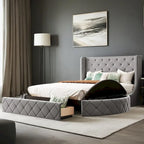 Letto a piattaforma Queen in velluto Rosa / Grigio / Beige / Blu con testiera imbottita e contenitore, 2 posti letto