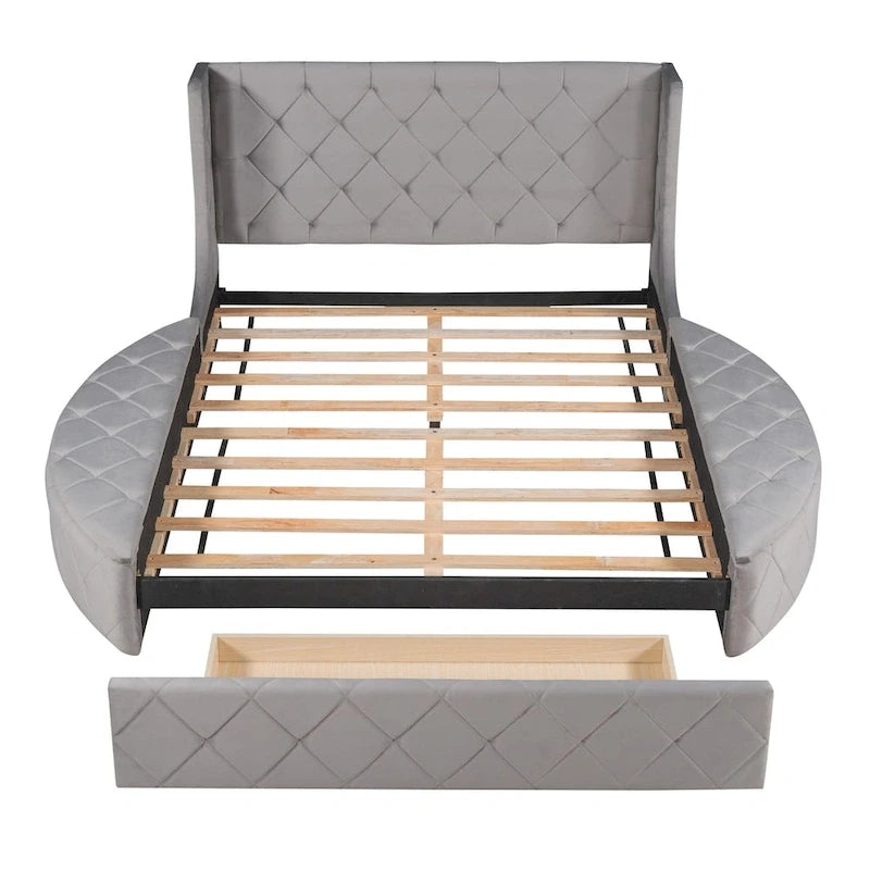 Letto a piattaforma Queen in velluto Rosa / Grigio / Beige / Blu con testiera imbottita e contenitore, 2 posti letto