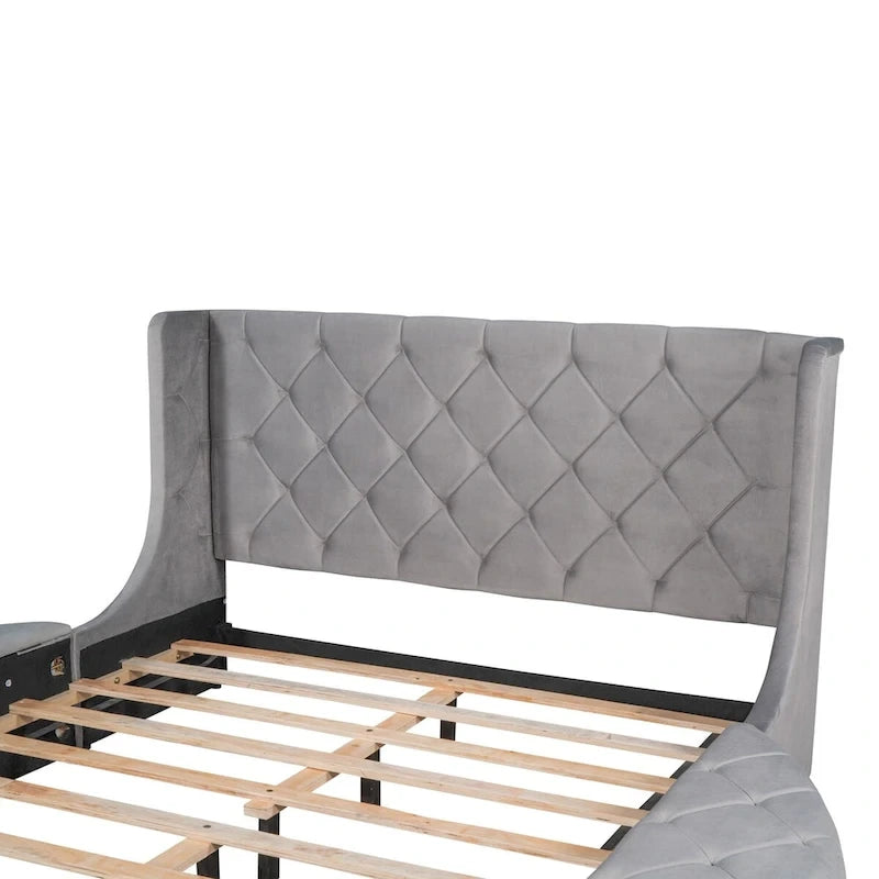 Letto a piattaforma Queen in velluto Rosa / Grigio / Beige / Blu con testiera imbottita e contenitore, 2 posti letto