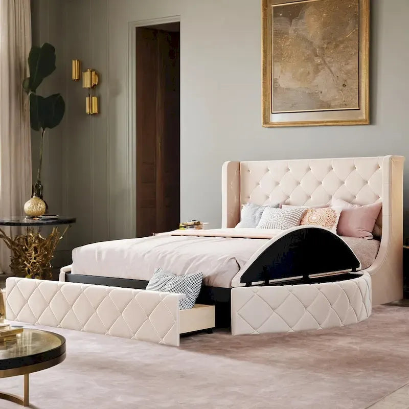 Letto a piattaforma Queen in velluto Rosa / Grigio / Beige / Blu con testiera imbottita e contenitore, 2 posti letto