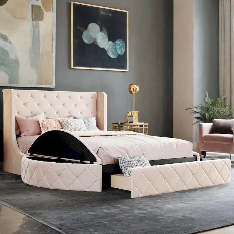 Letto a piattaforma Queen in velluto Rosa / Grigio / Beige / Blu con testiera imbottita e contenitore, 2 posti letto