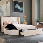 Letto a piattaforma Queen in velluto Rosa / Grigio / Beige / Blu con testiera imbottita e contenitore, 2 posti letto