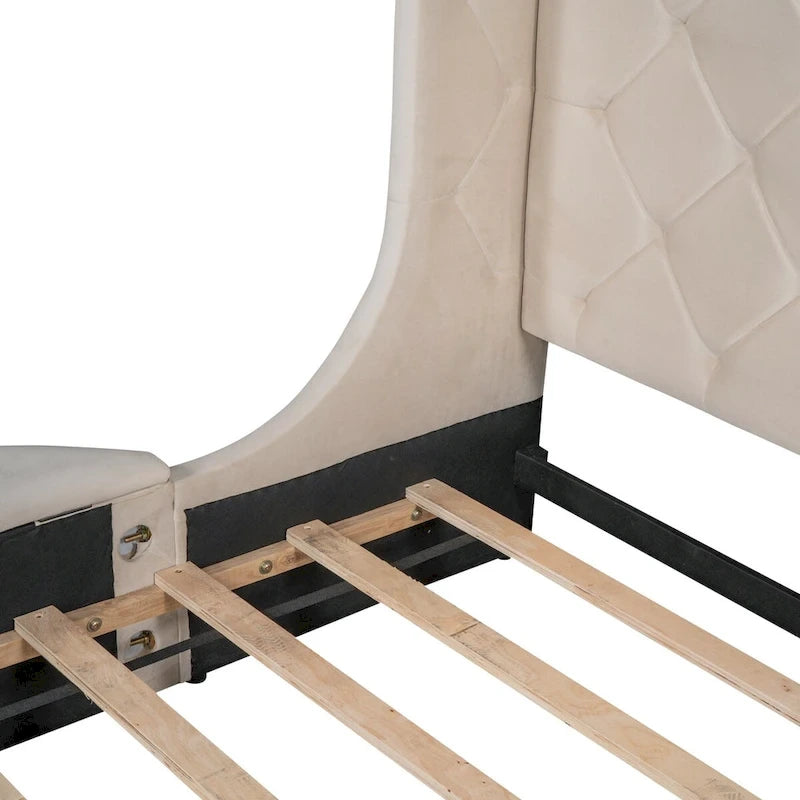 Letto a piattaforma Queen in velluto Rosa / Grigio / Beige / Blu con testiera imbottita e contenitore, 2 posti letto