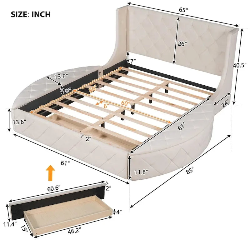 Letto a piattaforma Queen in velluto Rosa / Grigio / Beige / Blu con testiera imbottita e contenitore, 2 posti letto