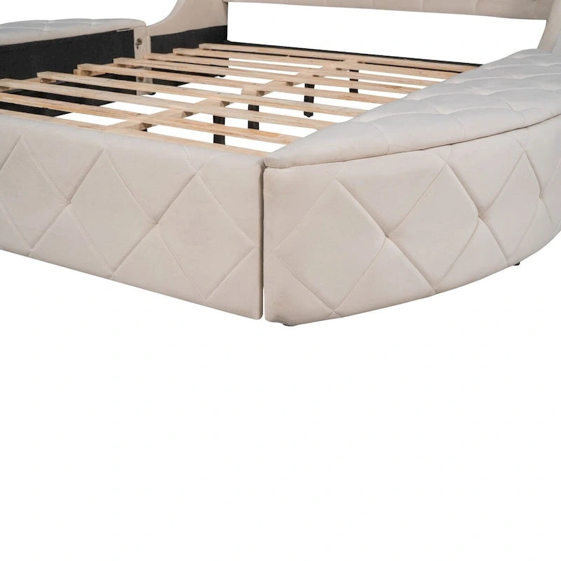 Letto a piattaforma Queen in velluto Rosa / Grigio / Beige / Blu con testiera imbottita e contenitore, 2 posti letto