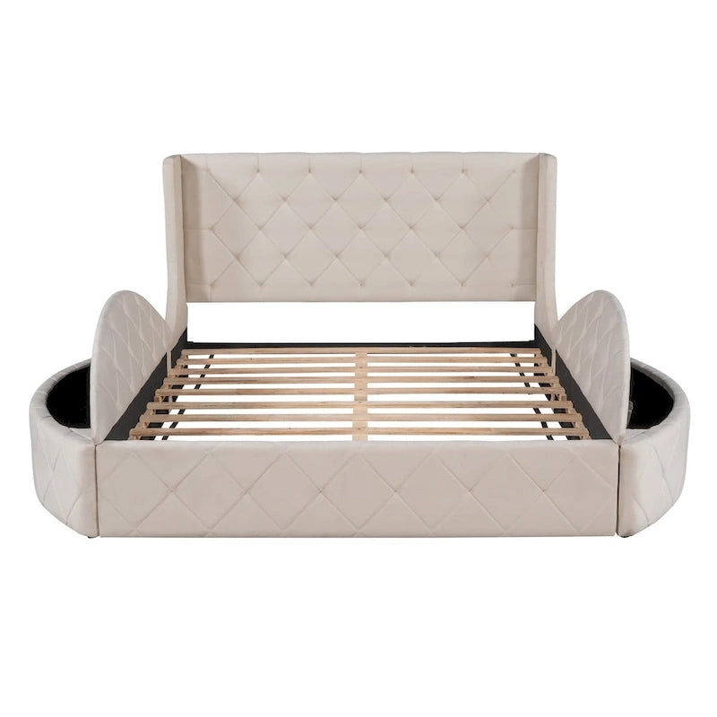 Letto a piattaforma Queen in velluto Rosa / Grigio / Beige / Blu con testiera imbottita e contenitore, 2 posti letto