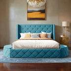 Letto a piattaforma Queen in velluto Rosa / Grigio / Beige / Blu con testiera imbottita e contenitore, 2 posti letto