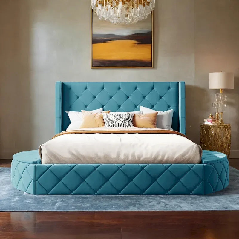 Letto a piattaforma Queen in velluto Rosa / Grigio / Beige / Blu con testiera imbottita e contenitore, 2 posti letto