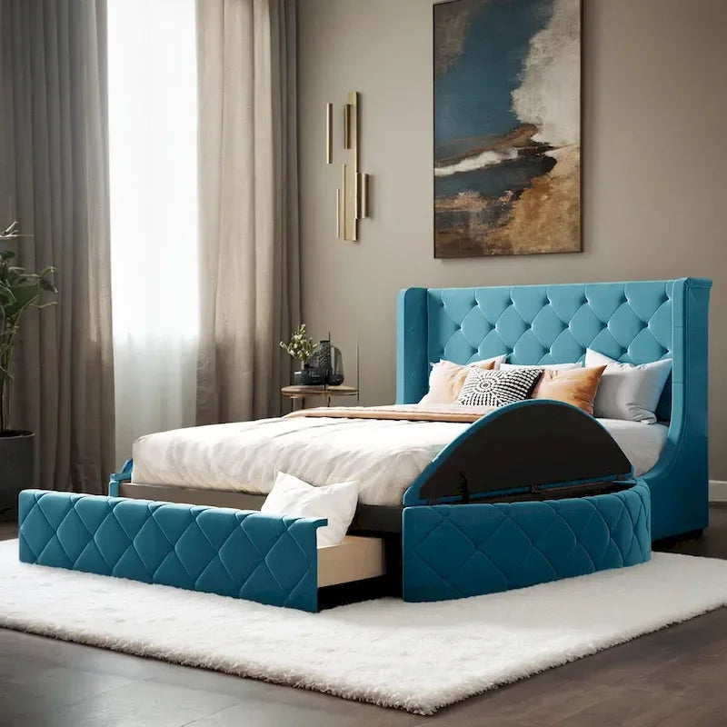 Letto a piattaforma Queen in velluto Rosa / Grigio / Beige / Blu con testiera imbottita e contenitore, 2 posti letto