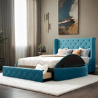 Letto a piattaforma Queen in velluto Rosa / Grigio / Beige / Blu con testiera imbottita e contenitore, 2 posti letto