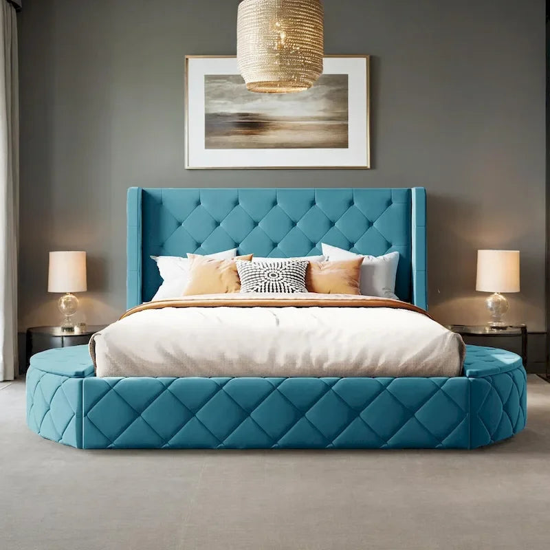 Letto a piattaforma Queen in velluto Rosa / Grigio / Beige / Blu con testiera imbottita e contenitore, 2 posti letto