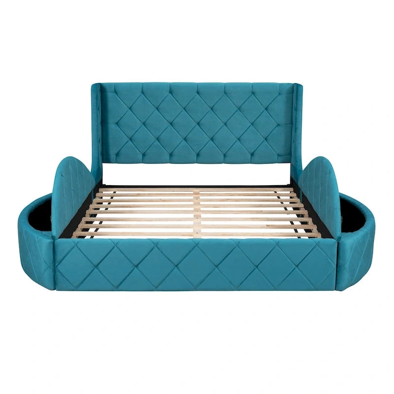 Letto a piattaforma Queen in velluto Rosa / Grigio / Beige / Blu con testiera imbottita e contenitore, 2 posti letto