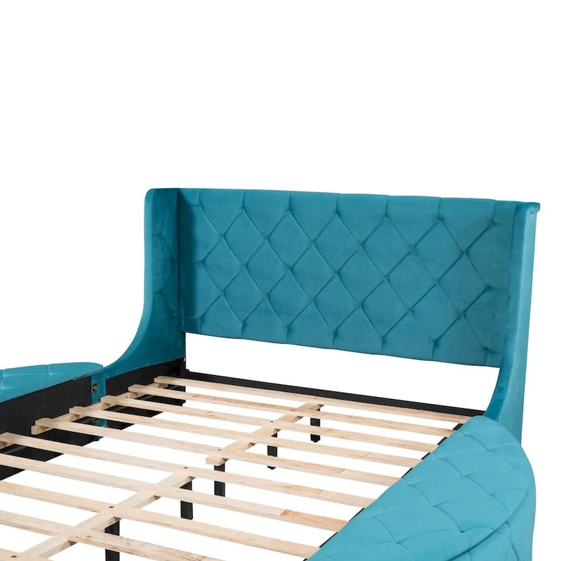 Letto a piattaforma Queen in velluto Rosa / Grigio / Beige / Blu con testiera imbottita e contenitore, 2 posti letto