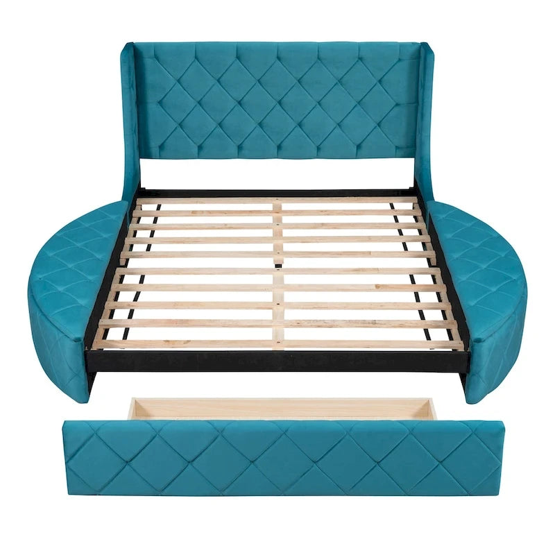 Letto a piattaforma Queen in velluto Rosa / Grigio / Beige / Blu con testiera imbottita e contenitore, 2 posti letto