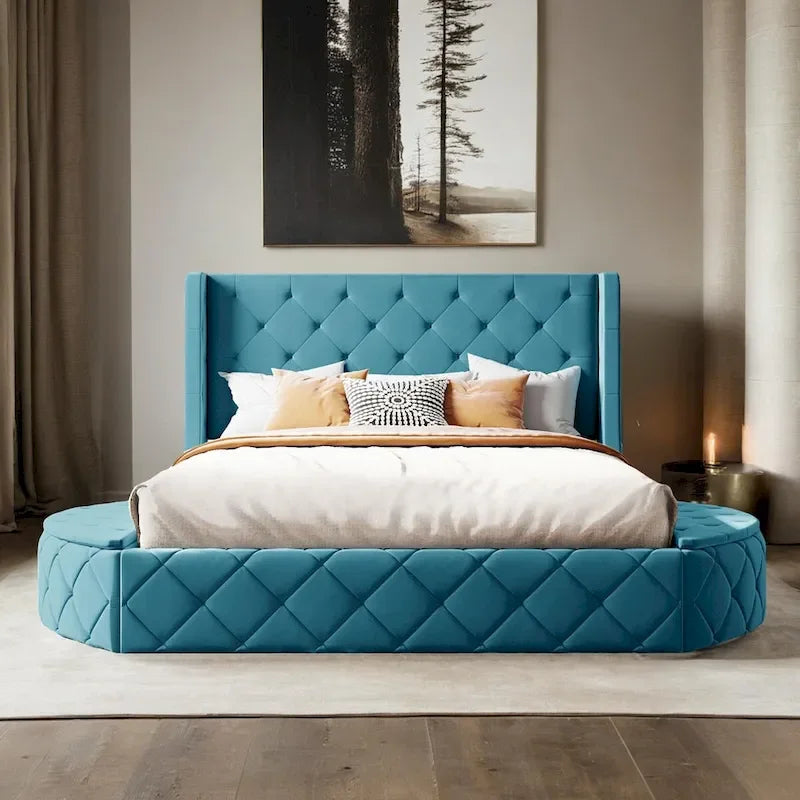 Letto a piattaforma Queen in velluto Rosa / Grigio / Beige / Blu con testiera imbottita e contenitore, 2 posti letto