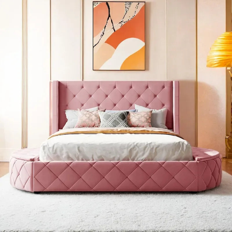 Letto a piattaforma Queen in velluto Rosa / Grigio / Beige / Blu con testiera imbottita e contenitore, 2 posti letto