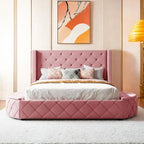 Letto a piattaforma Queen in velluto Rosa / Grigio / Beige / Blu con testiera imbottita e contenitore, 2 posti letto