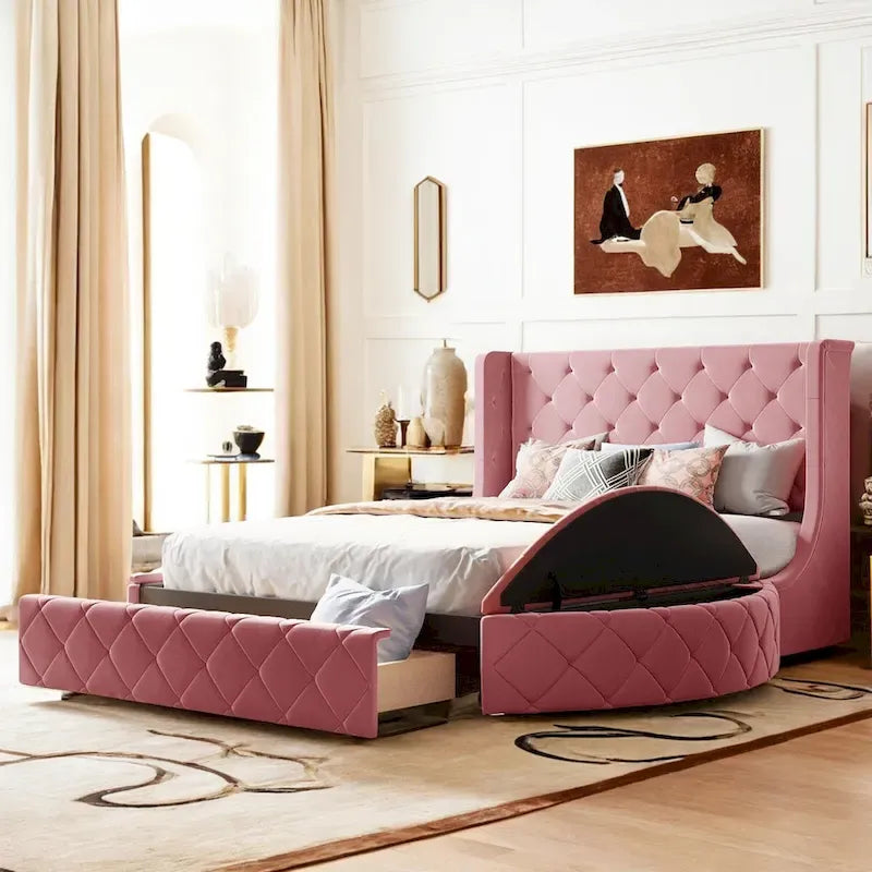 Letto a piattaforma Queen in velluto Rosa / Grigio / Beige / Blu con testiera imbottita e contenitore, 2 posti letto