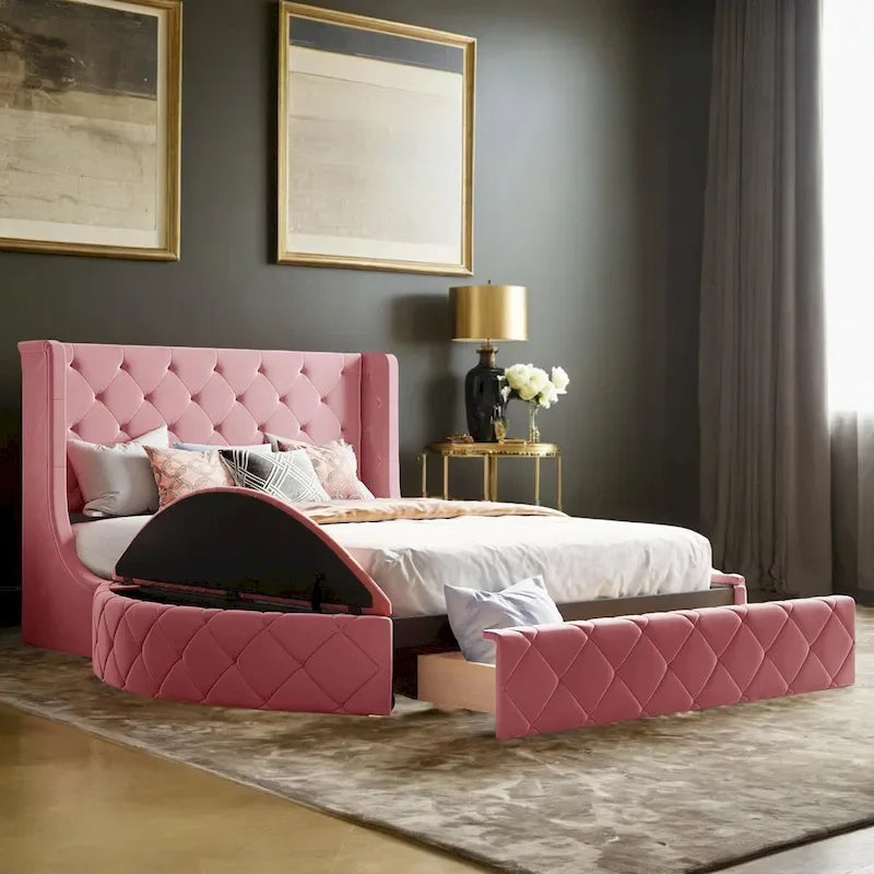 Letto a piattaforma Queen in velluto Rosa / Grigio / Beige / Blu con testiera imbottita e contenitore, 2 posti letto
