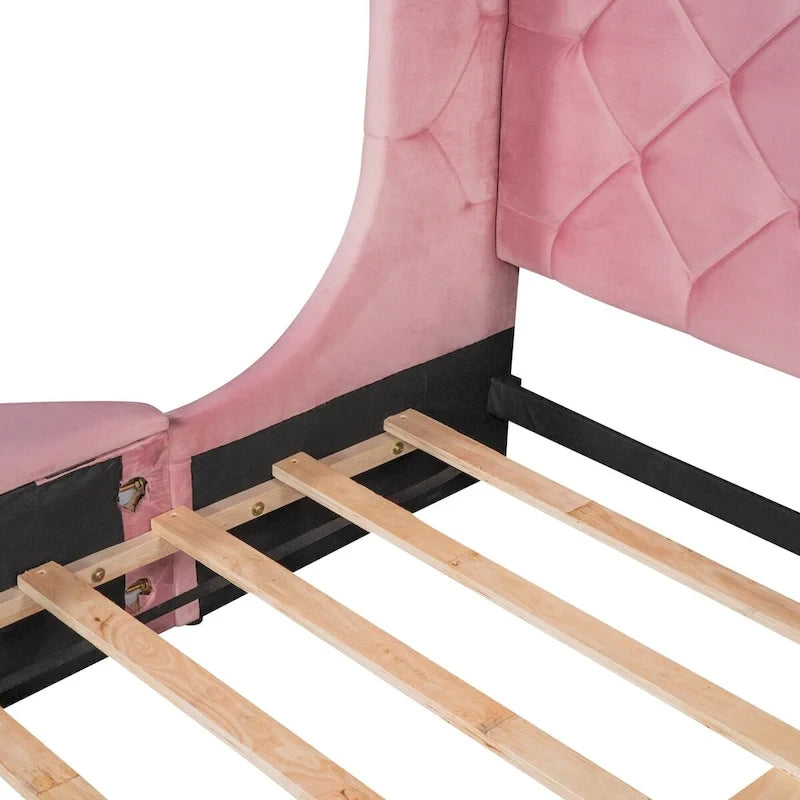 Letto a piattaforma Queen in velluto Rosa / Grigio / Beige / Blu con testiera imbottita e contenitore, 2 posti letto