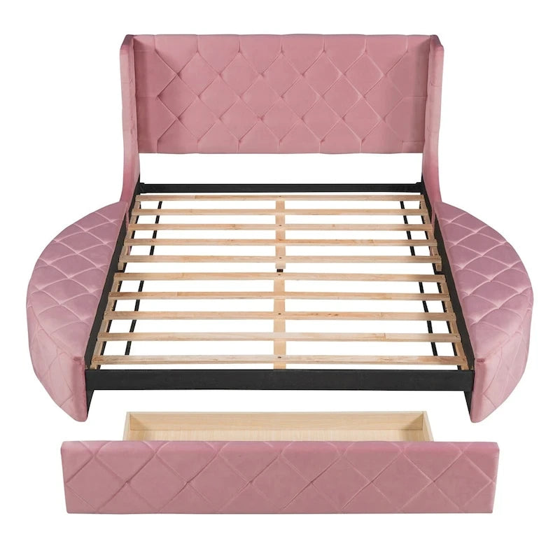 Letto a piattaforma Queen in velluto Rosa / Grigio / Beige / Blu con testiera imbottita e contenitore, 2 posti letto