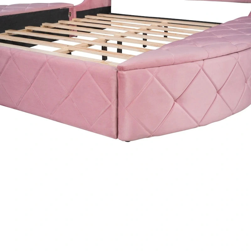 Letto a piattaforma Queen in velluto Rosa / Grigio / Beige / Blu con testiera imbottita e contenitore, 2 posti letto