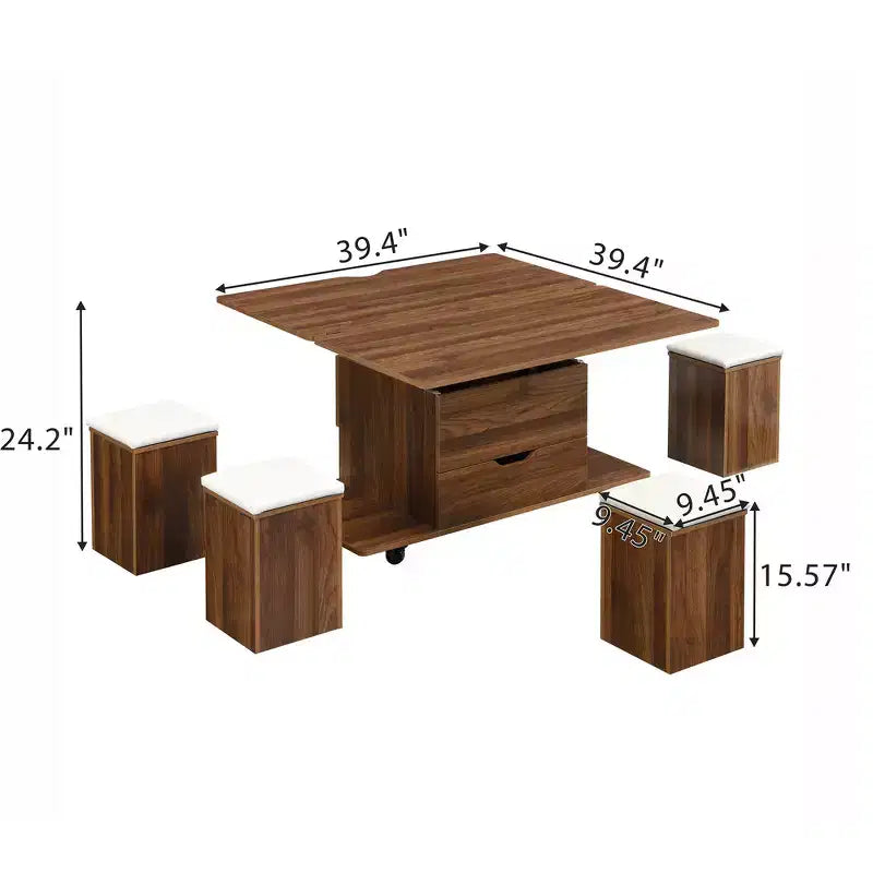 Multifunktionaler moderner Couchtisch mit Liftplatte, verborgenem Stauraum, 4 Hockern und Rollen – perfekt für moderne Wohnbereiche