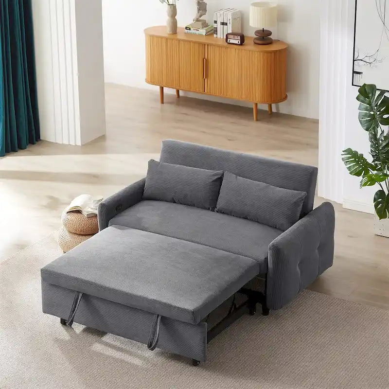 Divano Letto Estraibile, Divanetto Convertibile, Azzurro / Grigio Scuro / Beige, 2 Posti