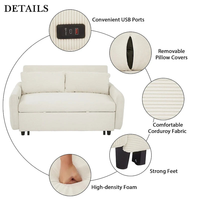 Divano Letto Estraibile, Divanetto Convertibile, Azzurro / Grigio Scuro / Beige, 2 Posti
