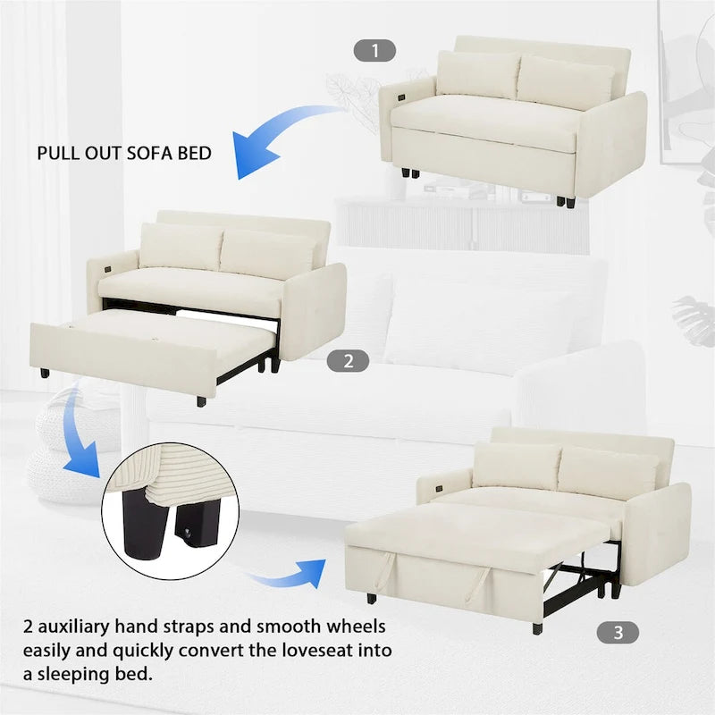 Divano Letto Estraibile, Divanetto Convertibile, Azzurro / Grigio Scuro / Beige, 2 Posti