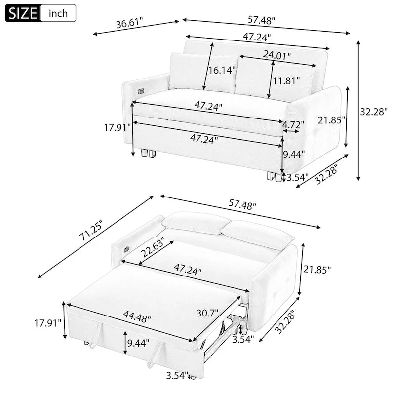 Divano Letto Estraibile, Divanetto Convertibile, Azzurro / Grigio Scuro / Beige, 2 Posti