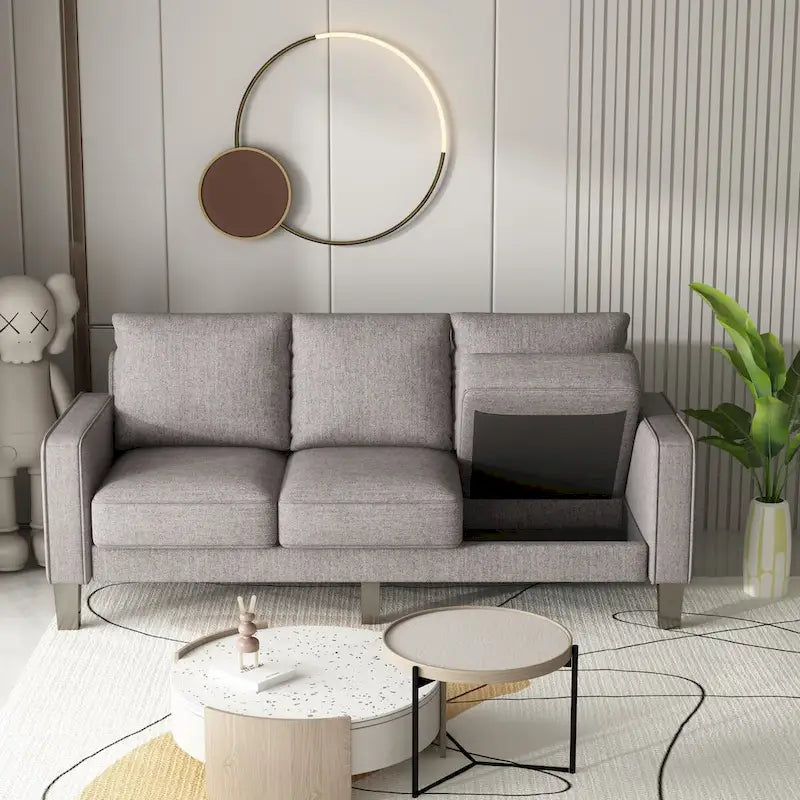 Divano a 3 posti con contenitore, Struttura in legno massello — Grigio chiaro / Beige / Grigio scuro