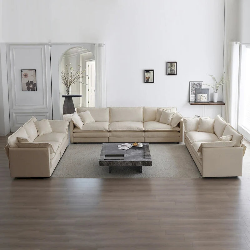 Set divano a 3 pezzi in ciniglia, beige/bianco/blu/verde, divano modulare a 2 e 3 posti
