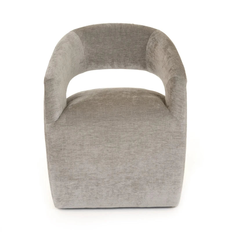 Poltroncina d'accento in tessuto grigio con schienale traforato, posto singolo