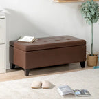 Panca pouf contenitore in similpelle marrone, gambe in legno, 1-2 posti a sedere