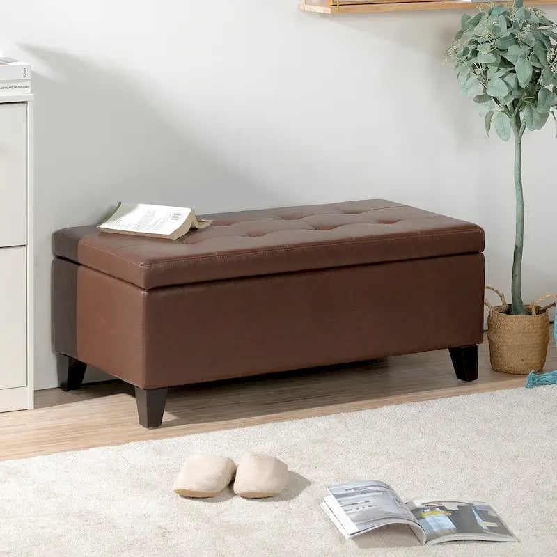 Panca pouf contenitore in similpelle marrone, gambe in legno, 1-2 posti a sedere