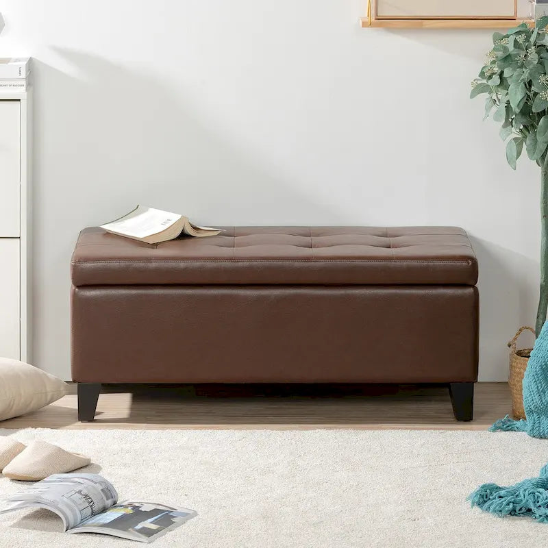Panca pouf contenitore in similpelle marrone, gambe in legno, 1-2 posti a sedere