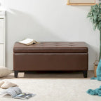 Panca pouf contenitore in similpelle marrone, gambe in legno, 1-2 posti a sedere