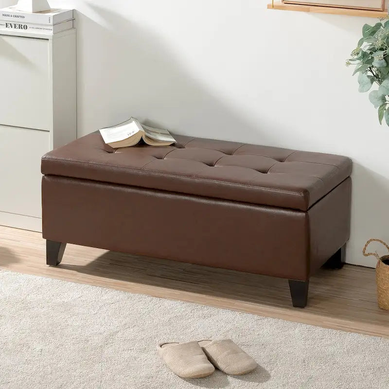 Panca pouf contenitore in similpelle marrone, gambe in legno, 1-2 posti a sedere