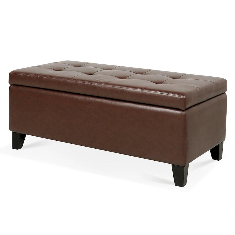 Panca pouf contenitore in similpelle marrone, gambe in legno, 1-2 posti a sedere