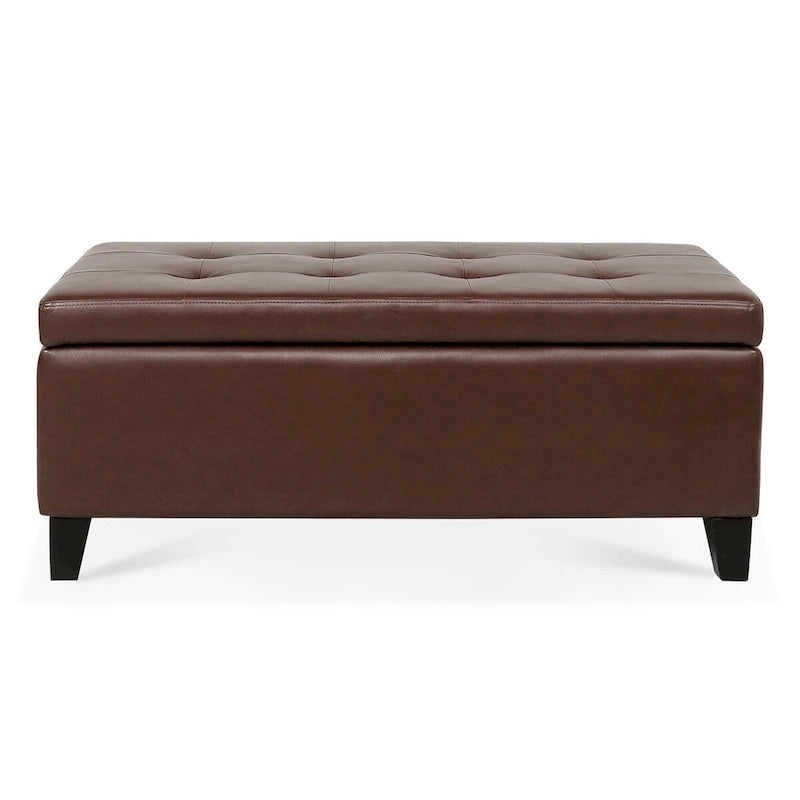 Panca pouf contenitore in similpelle marrone, gambe in legno, 1-2 posti a sedere