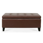 Panca pouf contenitore in similpelle marrone, gambe in legno, 1-2 posti a sedere
