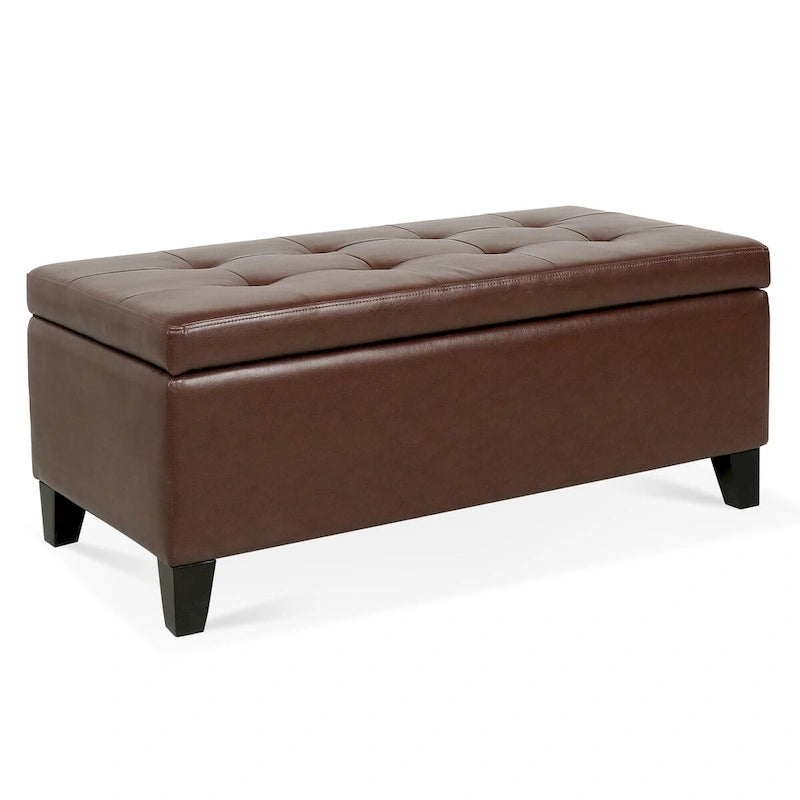 Panca pouf contenitore in similpelle marrone, gambe in legno, 1-2 posti a sedere