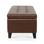 Panca pouf contenitore in similpelle marrone, gambe in legno, 1-2 posti a sedere