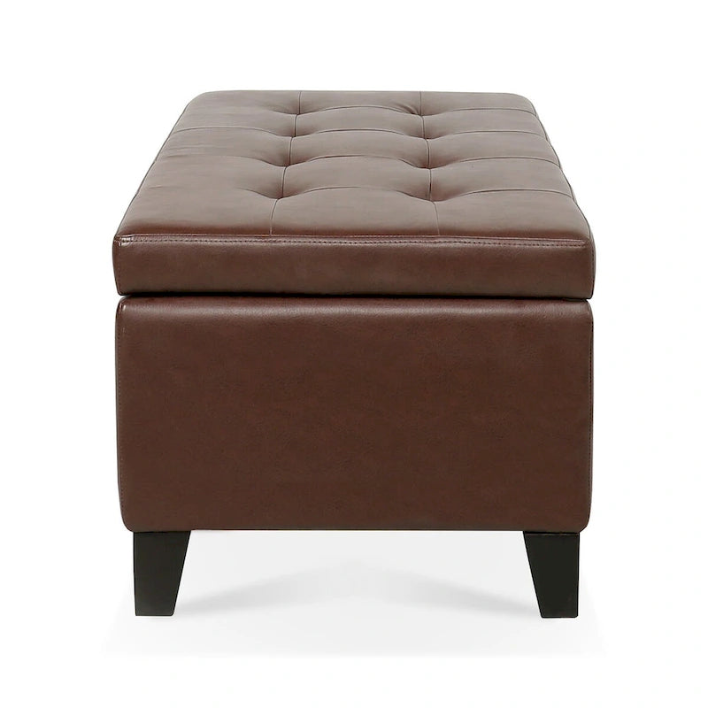 Panca pouf contenitore in similpelle marrone, gambe in legno, 1-2 posti a sedere