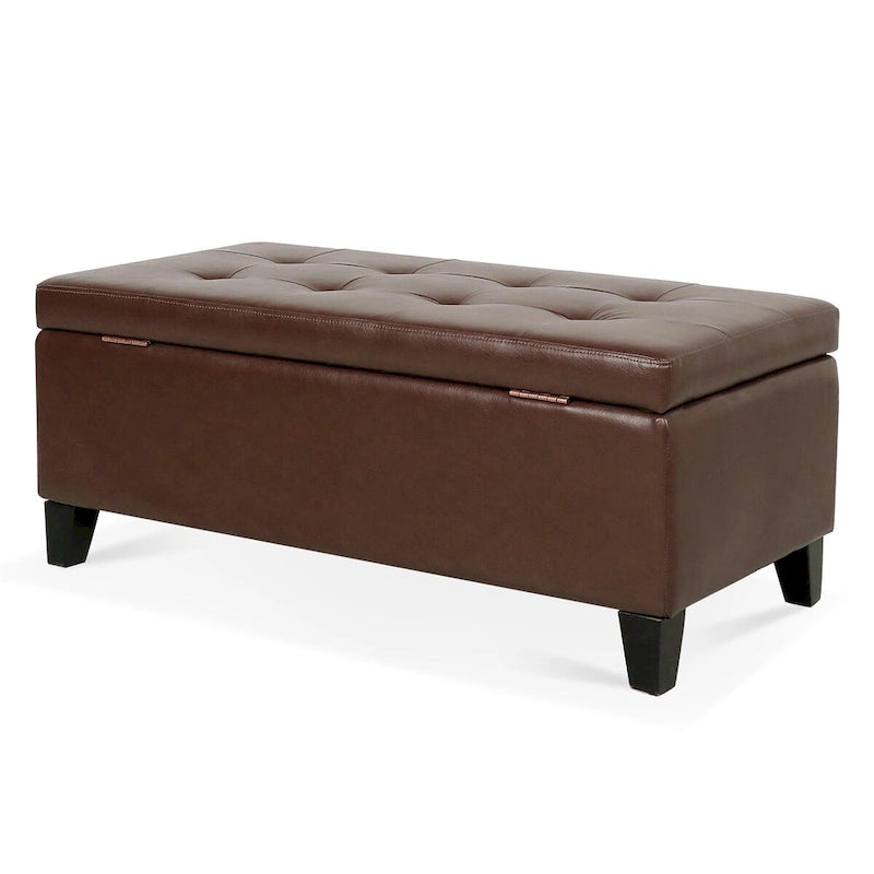 Panca pouf contenitore in similpelle marrone, gambe in legno, 1-2 posti a sedere